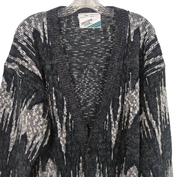 Vintage Uniform Code Cardigan Sweater Sz L Black White Abstract Knit wool nylon - Picture 6 of 15